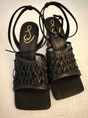 Women's Black Woven Ankle-Tie Sandals